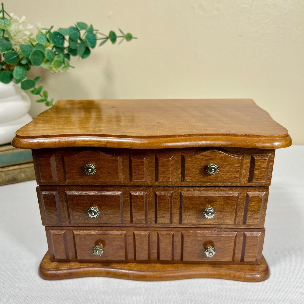 Vintage Wood Jewelry Box | Velvet Lined